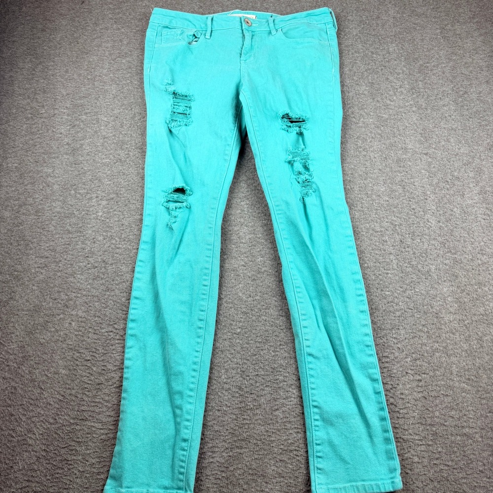 Bullhead Black Distressed Jeans Women's Size 11 Teal Ripped Slim‎ Fit RN 090233